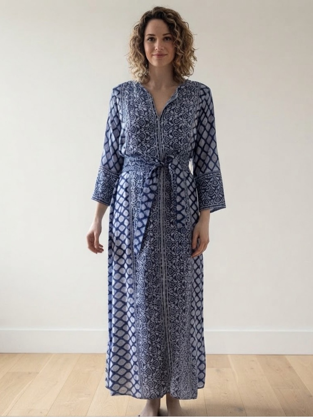 NWT Bell by Alicia Bell Sz S Silk Cotton Bohemian Belted Blue Printed Maxi Dress